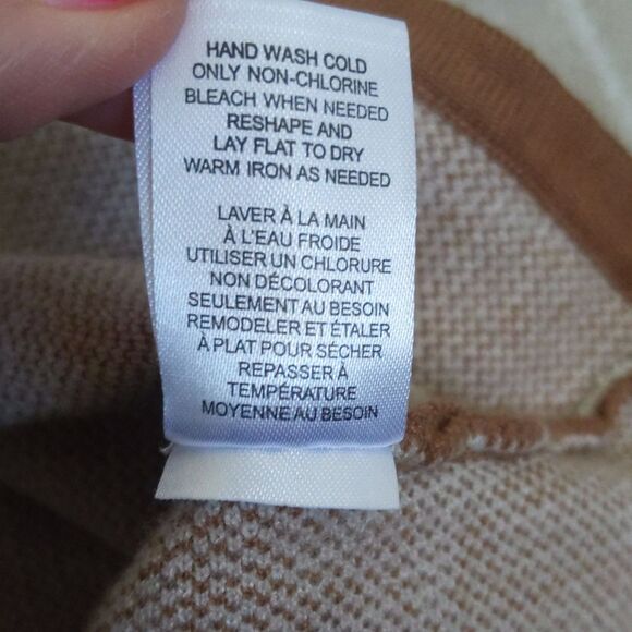 Tahari asymmetrical stripe fine knit sweater, viscose blend, beige & camel M - Picture 6 of 6